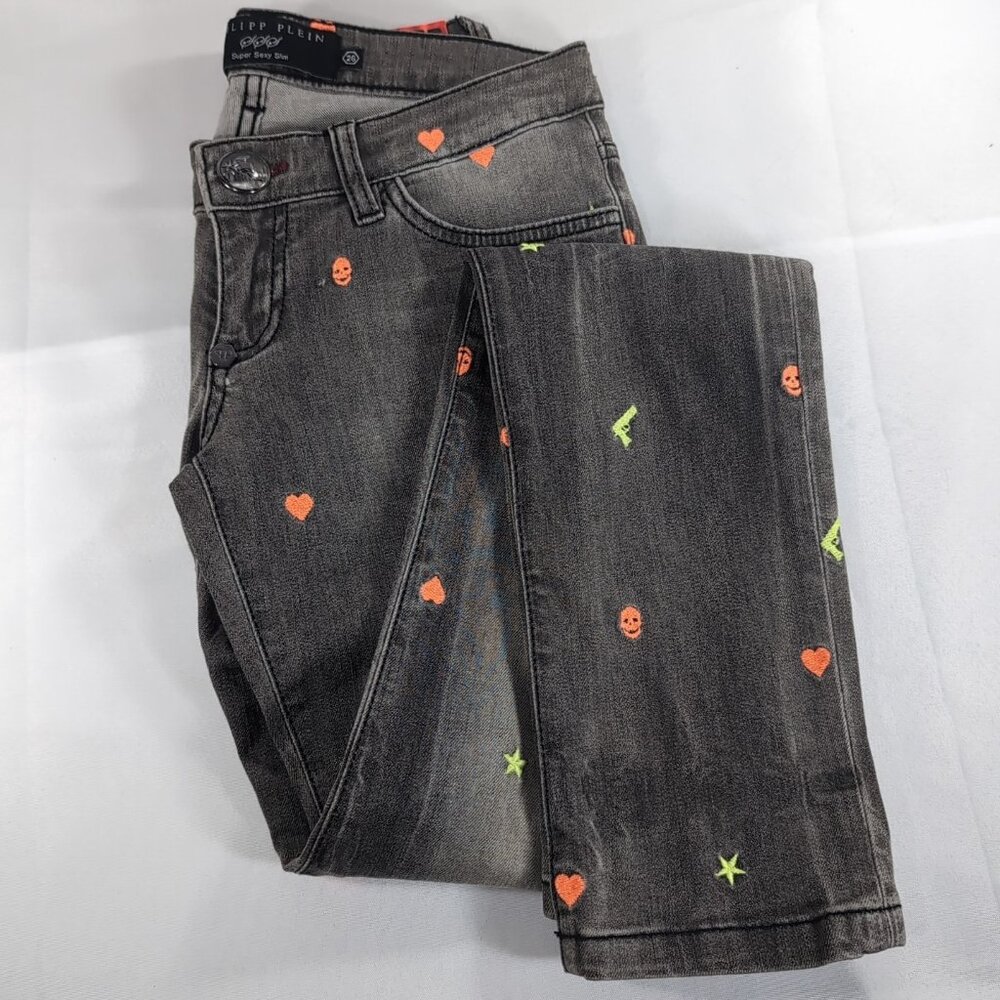 Philipp Plein 26 Skinny Gray Denim Jeans Embroidered Orange Green Skull Star Gun